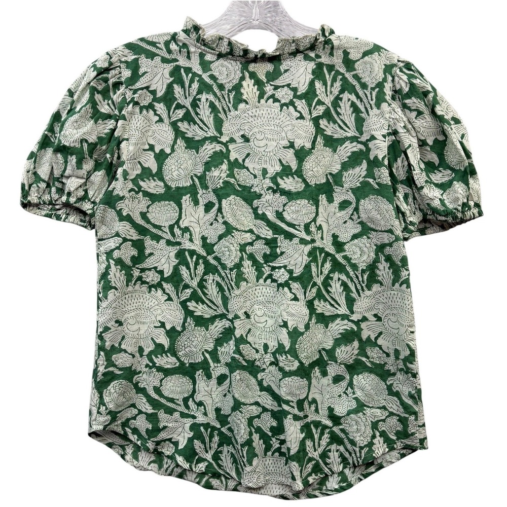 Sole India Green White Block Print Puff Sleeve Boho Peasant Blouse Cotton XS - Picture 2 of 7